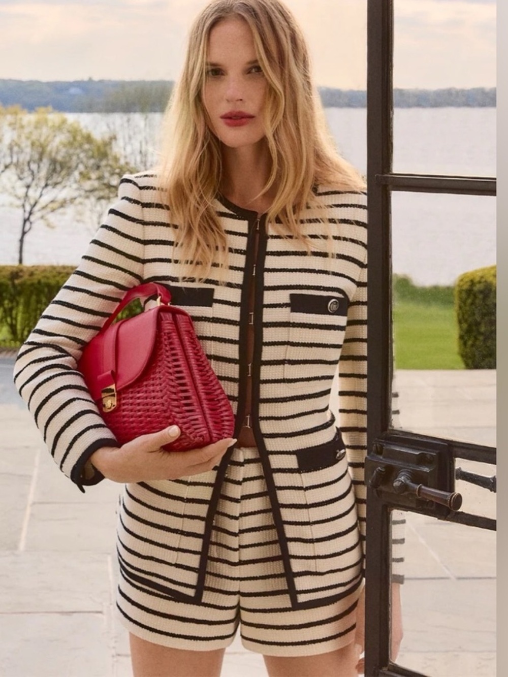 Veronica Beard Cream and Black Striped High Waist Shorts